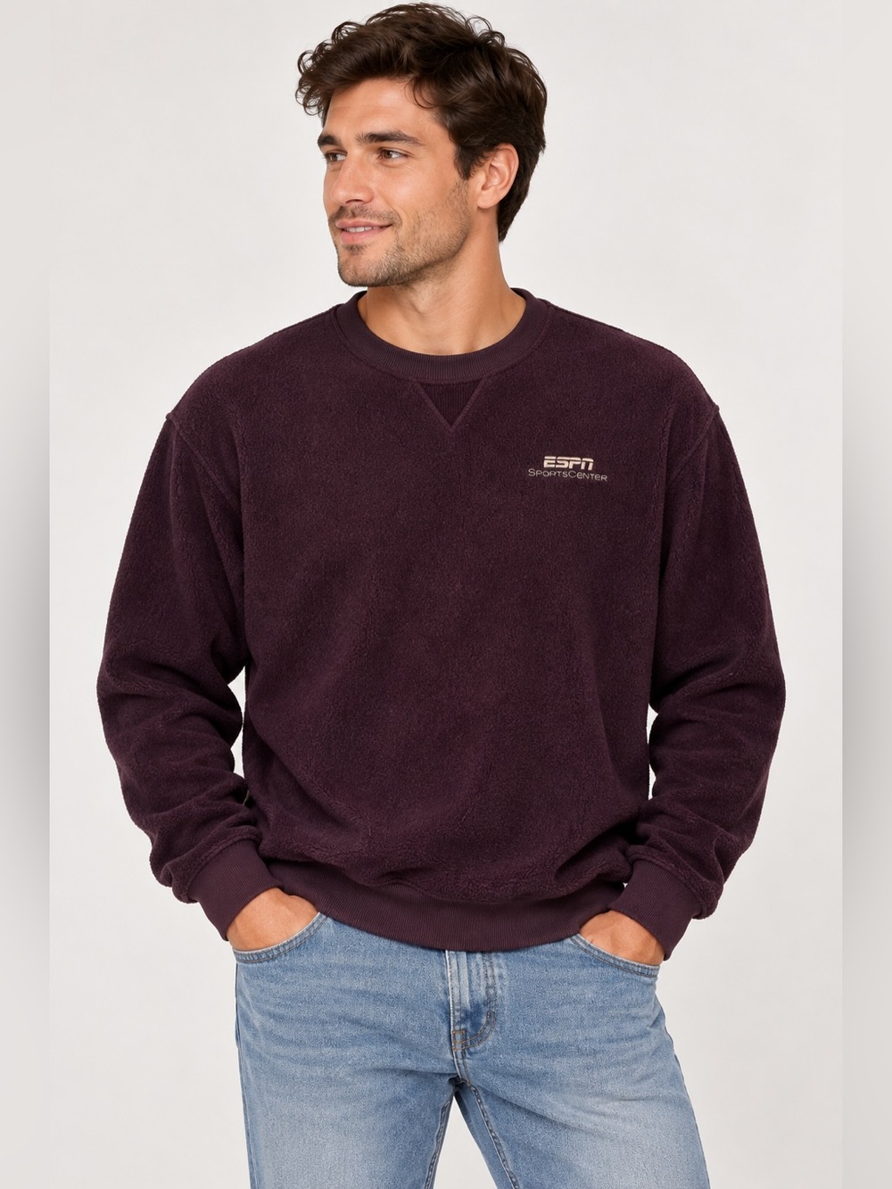 ESPN Burgundy Fleece Crewneck Logo Pullover Sweatshirt - Men’s XL